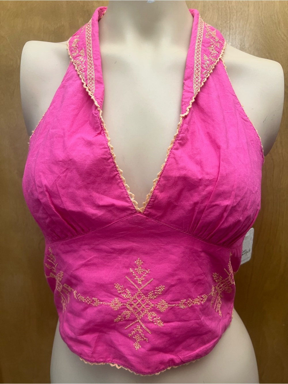 Free People Pink Halter Tank Top with Gold Embroidery